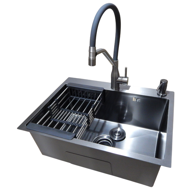 Комплект кухонної мийки Kraft NANO BLACK PVD HS60*45 декор (3.0/1.0 мм)+Кухонний змішувач Kraft 3025PVD SM30280 фото