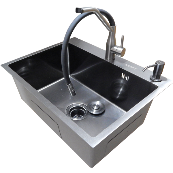 Комплект кухонної мийки Kraft NANO BLACK PVD HS60*45 декор (3.0/1.0 мм)+Кухонний змішувач Kraft 3025PVD SM30280 фото