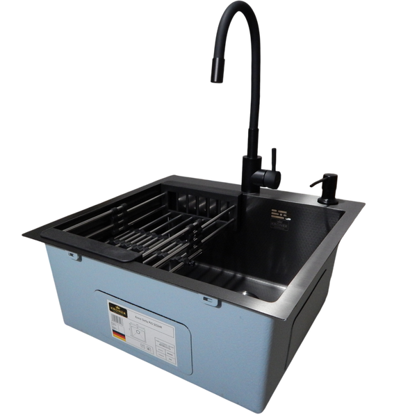 Комплект кухонной мойки Kroner KRP Derby - 5050HM PVD (2,5/0,5 мм) Decor SM8810 фото