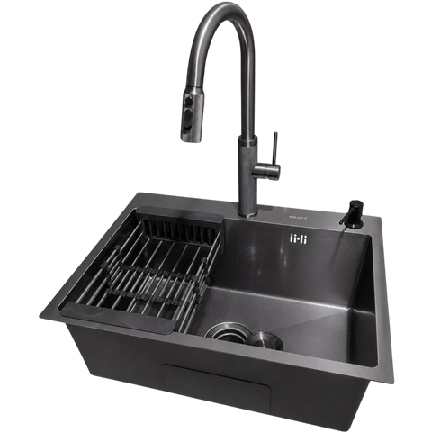 Комплект кухонной мойки Kraft NANO BLACK PVD Декор HS60*45 (3.0/1.0 мм)+Смеситель для кухни с выдвижным шлангом SM8022 фото