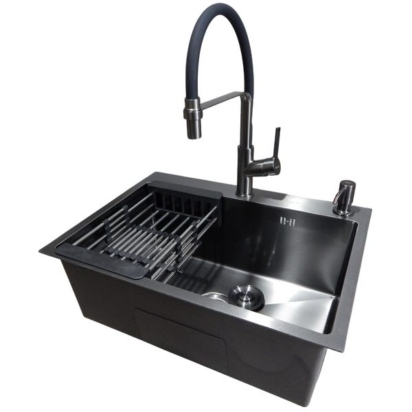 Комплект кухонной мойки Kraft NANO BLACK PVD HS60*45 (3.0/1.0 мм) декор SM54088 фото