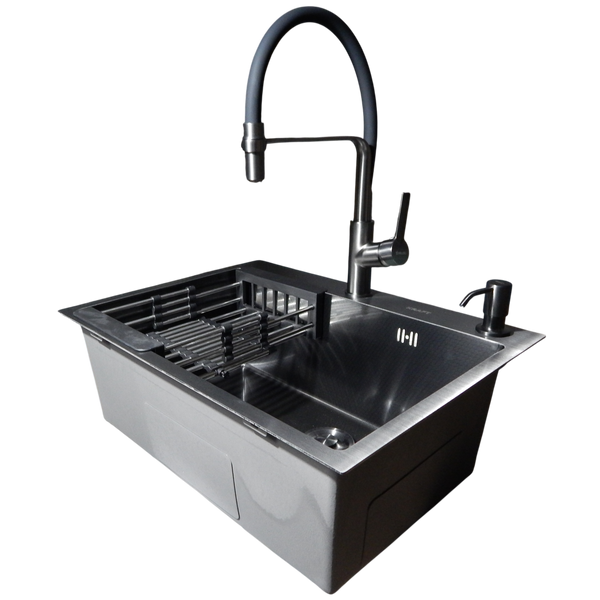 Комплект кухонной мойки Kraft NANO BLACK PVD HS60*45 (3.0/1.0 мм) декор SM54088 фото