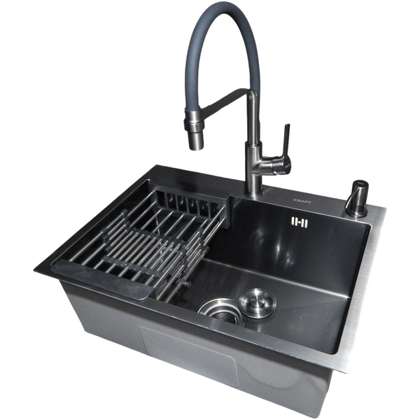 Комплект кухонной мойки Kraft NANO BLACK PVD HS60*45 (3.0/1.0 мм) декор SM54088 фото