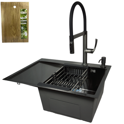 Комплект кухонної мийки Kraft NANO BLACK PVD HS 65х48 (3.0/1.0 мм)+Змішувач для кухні з підключенням до фільтра Kroner KRP Axis Line - GRP039569 SM3287 фото