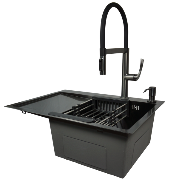 Комплект кухонной мойки Kraft NANO BLACK PVD HS 65х48 (3.0/1.0 мм)++Смеситель для кухни с подключением к фильтру Kroner KRP Edelstahl Klassisch - PVD03817BLK SM3287 фото