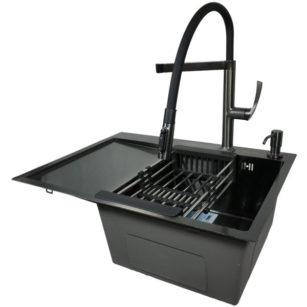 Комплект кухонной мойки Kraft NANO BLACK PVD HS 65х48 (3.0/1.0 мм)++Смеситель для кухни с подключением к фильтру Kroner KRP Edelstahl Klassisch - PVD03817BLK SM3287 фото