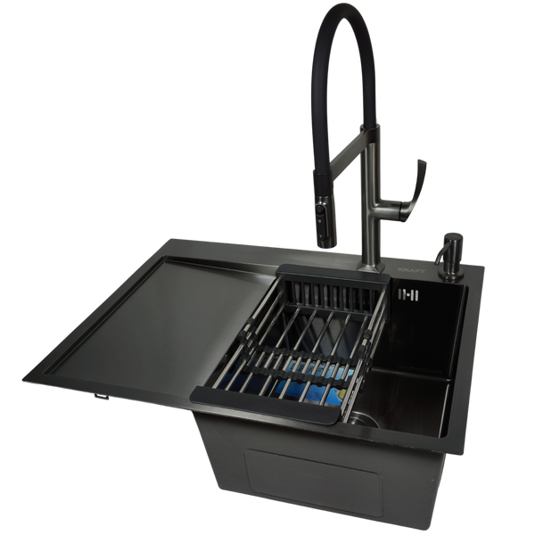 Комплект кухонной мойки Kraft NANO BLACK PVD HS 65х48 (3.0/1.0 мм)++Смеситель для кухни с подключением к фильтру Kroner KRP Edelstahl Klassisch - PVD03817BLK SM3287 фото