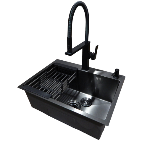 Комплект кухонной мойки Kraft NANO BLACK PVD HS60*45 (3.0/1.0 мм) декор SM10270 фото