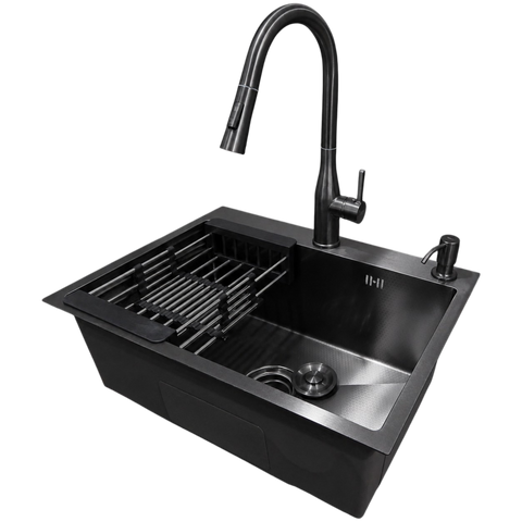 Комплект кухонной мойки Kraft NANO BLACK PVD HS60*45 (3.0/1.0 мм) декор SM7050 фото