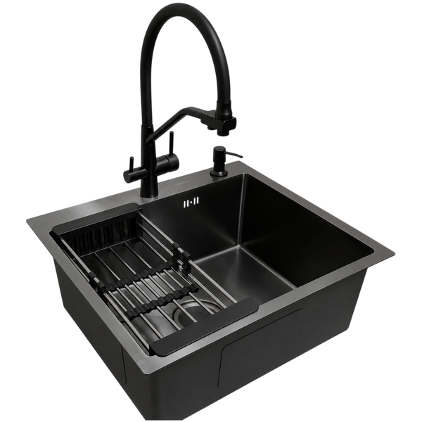 Комплект кухонной мойки Kraft HM 50х50 NANO BLACK (DECOR) PVD (3.0/1.0 мм) SМ162 фото
