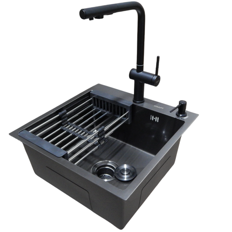 Комплект кухонної мийки KRAFT Handmade PVD чорна HS 5050 (3.0/1.0 мм) Dekor SM2061 фото
