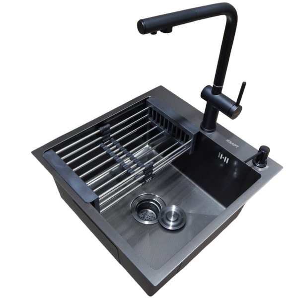 Комплект кухонної мийки KRAFT Handmade PVD чорна HS 5050 (3.0/1.0 мм) Dekor SM2061 фото