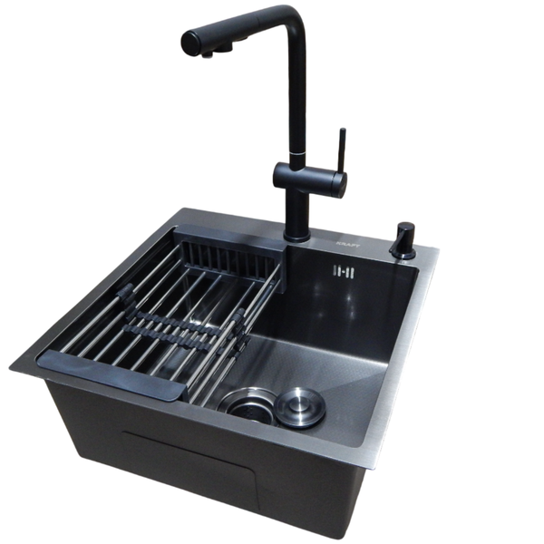 Комплект кухонної мийки KRAFT Handmade PVD чорна HS 5050 (3.0/1.0 мм) Dekor SM2061 фото