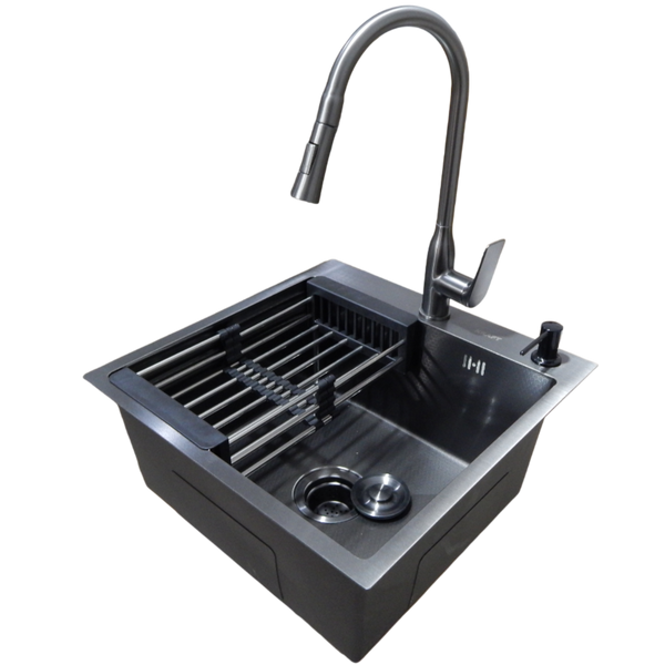 Комплект кухонной мойки Kraft HM 50х50 NANO BLACK (DECOR) PVD (3.0/1.0 мм) SМ6042 фото