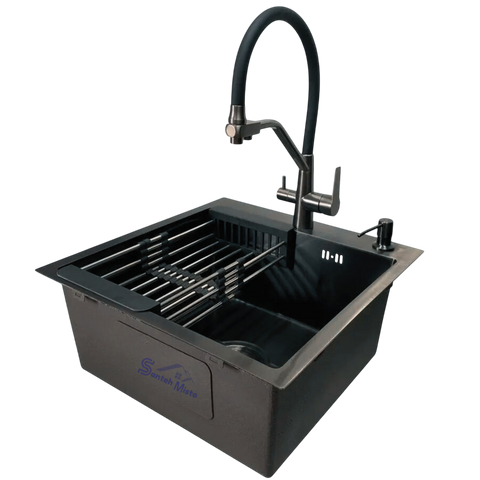 Комплект кухонної мийки Kraft HM 50х50 NANO BLACK (DECOR) PVD (3.0/1.0 мм)+Змішувач для кухні з підключенням до фільтра Kroner SM5560 фото