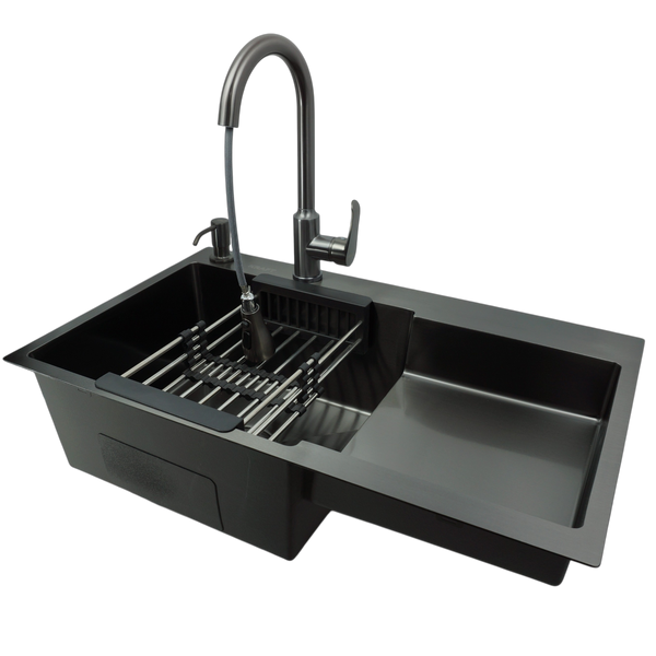 Комплект кухонной мойки Kraft&nbsp;HM&nbsp;NANO BLACK - 7848ALB&nbsp;PVD&nbsp;(3.0/1.0 мм)+Кухонный смеситель TH38 VALESO PVD SM25014 фото