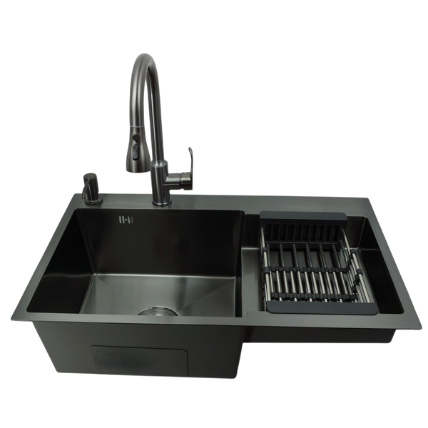 Комплект кухонной мойки Kraft&nbsp;HM&nbsp;NANO BLACK - 7848ALB&nbsp;PVD&nbsp;(3.0/1.0 мм)+Кухонный смеситель TH38 VALESO PVD SM25014 фото