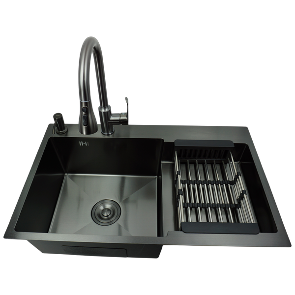 Комплект кухонной мойки Kraft&nbsp;HM&nbsp;NANO BLACK - 7848ALB&nbsp;PVD&nbsp;(3.0/1.0 мм)+Кухонный смеситель TH38 VALESO PVD SM25014 фото