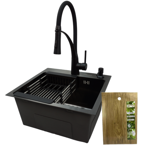 Комплект кухонной мойка Kraft KRF 4540 NANO BLACK (DECOR) PVD (3.0/1.0 мм) SM7800 фото