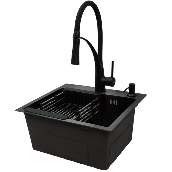 Комплект кухонной мойка Kraft KRF 4540 NANO BLACK (DECOR) PVD (3.0/1.0 мм) SM7800 фото