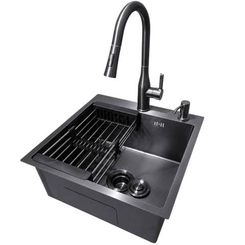 Комплект кухонной мойки Kraft HM 50х50 NANO BLACK PVD (3.0/1.0 мм) DEKOR SМ7014 фото