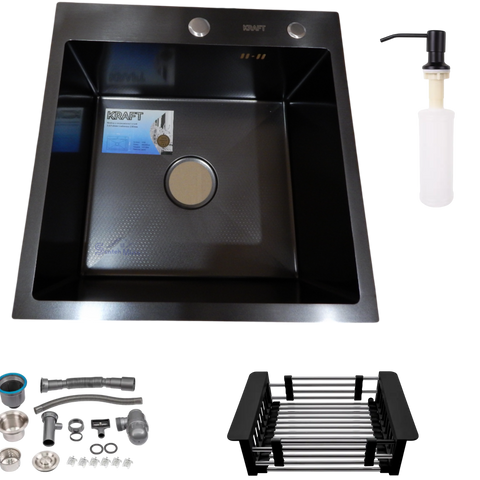 Комплект кухонної мийки Kraft HM 50х50 NANO BLACK (DECOR) PVD (3.0/1.0 мм) SМ45 фото
