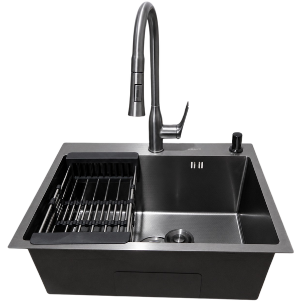 Комплект кухонной мойки Kraft NANO BLACK DECOR PVD HS60*45 (3.0/1.0 мм)+Смеситель для кухни с выдвижным изливом Kroner KRP Graz - GRP030-T SM5033 фото