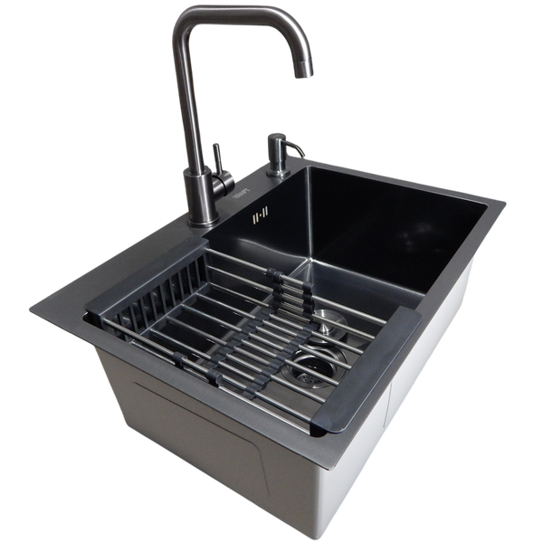 Комплект кухонной мойки KRAFT Handmade PVD чорная HS60*45(3.0/1.0 мм) DEKOR SM8016 фото