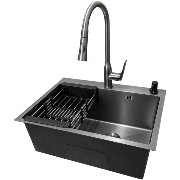 Комплект кухонной мойки Kraft NANO BLACK DECOR PVD HS60*45 (3.0/1.0 мм)+Смеситель для кухни с выдвижным изливом Kroner KRP Graz - GRP030-T SM5033 фото