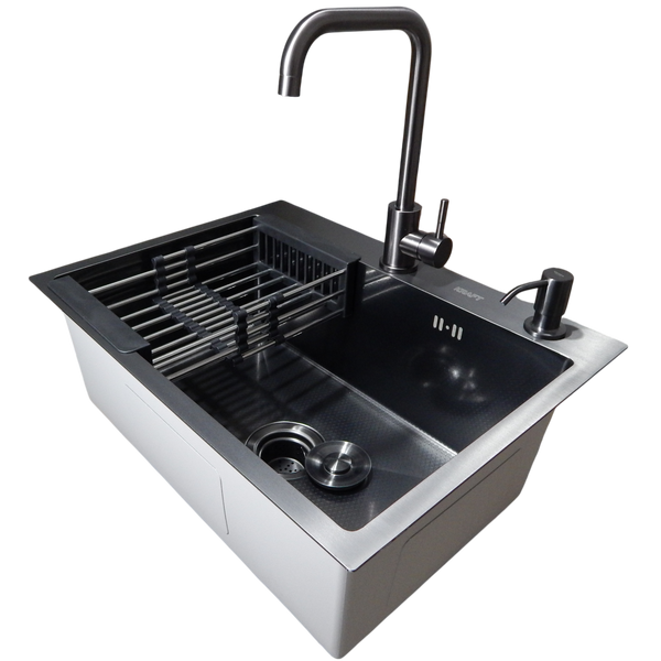 Комплект кухонной мойки KRAFT Handmade PVD чорная HS60*45(3.0/1.0 мм) DEKOR SM8016 фото