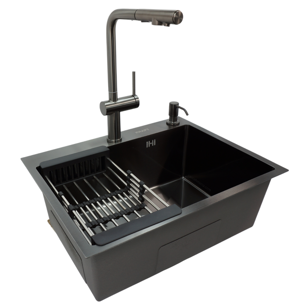 Комплект кухонной мойки Kraft NANO BLACK PVD 600х450мм (3.0/1.0 мм)+Смеситель для кухни Kroner KRP Kuche - GRP03839 PVD Графит с висувним шлангом SM6088 фото