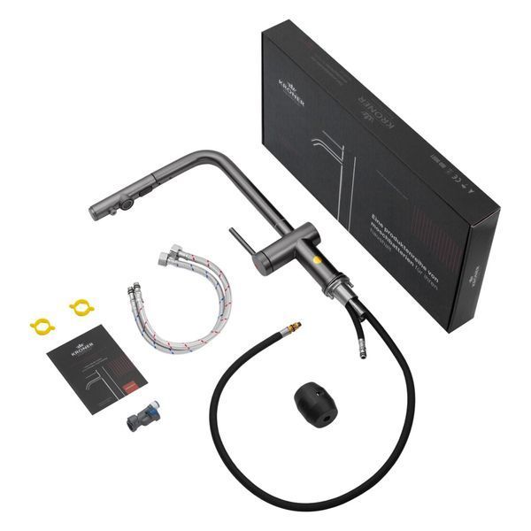 Комплект кухонной мойки Kraft NANO BLACK PVD 600х450мм (3.0/1.0 мм)+Смеситель для кухни Kroner KRP Kuche - GRP03839 PVD Графит с висувним шлангом SM6088 фото