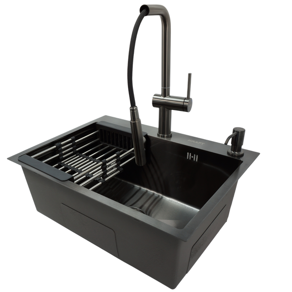 Комплект кухонной мойки Kraft NANO BLACK PVD 600х450мм (3.0/1.0 мм)+Смеситель для кухни Kroner KRP Kuche - GRP03839 PVD Графит с висувним шлангом SM6088 фото