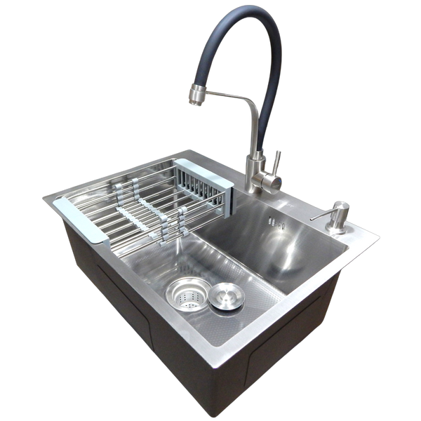 Комплект кухонной мойки Kraft HM 6045 DECOR (3.0/1.0 мм)+Смеситель для кухни Kroner KRP Edelstahl Klassisch &ndash; ESG03593BLK SM10630 фото