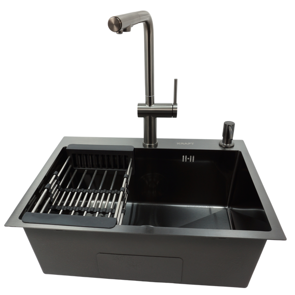 Комплект кухонной мойки Kraft NANO BLACK PVD 600х450мм (3.0/1.0 мм)+Смеситель для кухни Kroner KRP Kuche - GRP03839 PVD Графит с висувним шлангом SM6088 фото
