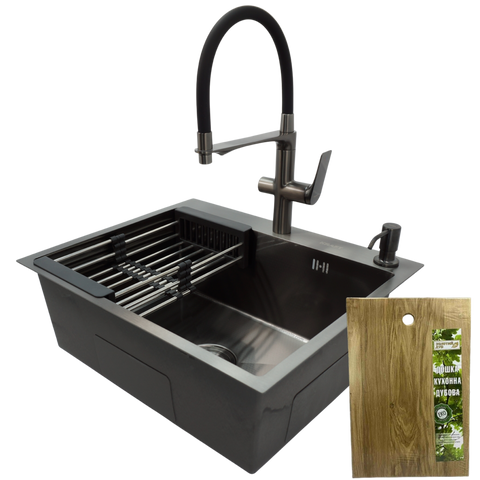 Комплект кухонной мойки Kraft NANO BLACK PVD HS60*50 Decor (3.0/1.0 мм)+Смеситель для кухни Kroner KRP Graz - GRP03815 SM8845 фото