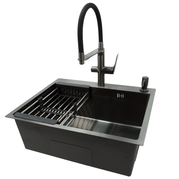 Комплект кухонной мойки Kraft NANO BLACK PVD HS60*50 Decor (3.0/1.0 мм)+Смеситель для кухни Kroner KRP Graz - GRP03815 SM8845 фото