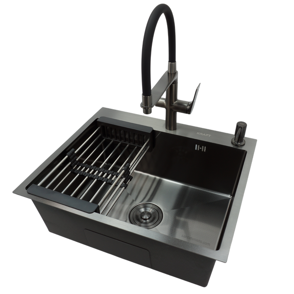 Комплект кухонной мойки Kraft NANO BLACK PVD HS60*50 Decor (3.0/1.0 мм)+Смеситель для кухни Kroner KRP Graz - GRP03815 SM8845 фото