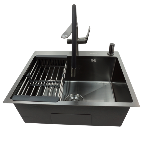 Комплект кухонной мойки Kraft NANO BLACK PVD HS60*50 Decor (3.0/1.0 мм)+Смеситель для кухни Kroner KRP Graz - GRP03815 SM8845 фото