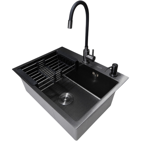 Комплект кухонної мийки Kraft NANO BLACK PVD HS60*45 (3.0/1.0 мм) декор SM10540 фото