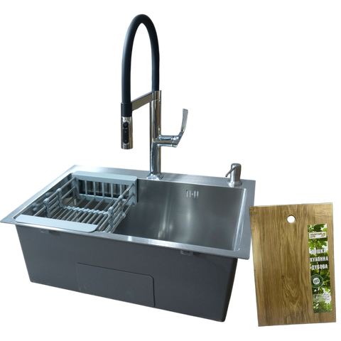 Комплект кухонной мойки Kraft HM 6045 DECOR (3.0/1.0 мм)+Смеситель для кухни Kroner KRP Kuche - C03816BLK (хром) SM66035 фото