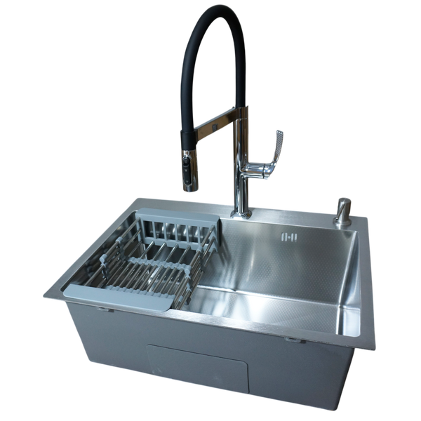 Комплект кухонной мойки Kraft HM 6045 DECOR (3.0/1.0 мм)+Смеситель для кухни Kroner KRP Kuche - C03816BLK (хром) SM66035 фото