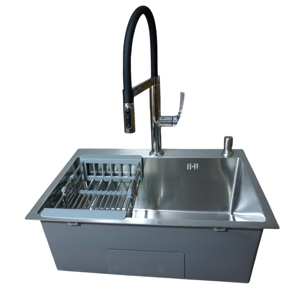 Комплект кухонной мойки Kraft HM 6045 DECOR (3.0/1.0 мм)+Смеситель для кухни Kroner KRP Kuche - C03816BLK (хром) SM66035 фото