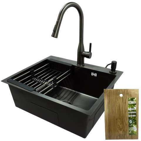 Комплект кухонної мийки Kraft NANO BLACK PVD HS 60х50 (3.0/1.0 мм) декор SM337105 фото