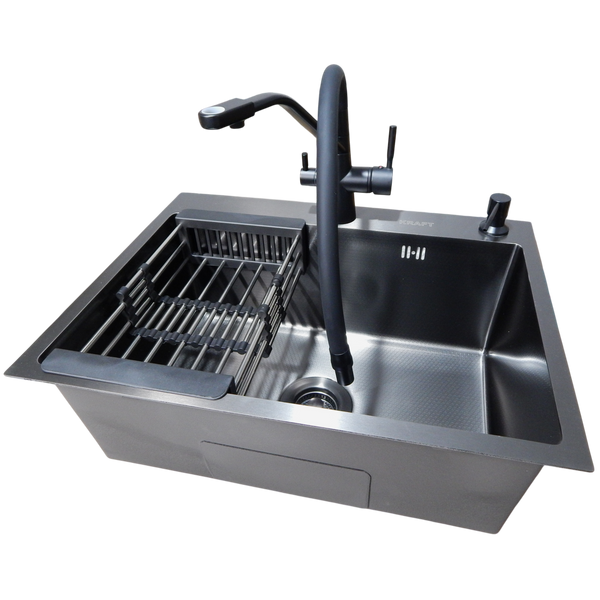 Комплект кухонної мийки Kraft NANO BLACK PVD HS60*45 Декор (3.0/1.0 мм)+Смеситель для кухни с подключением к фильтру Pllen&oacute; Lazio ST19 nero SM20870 фото