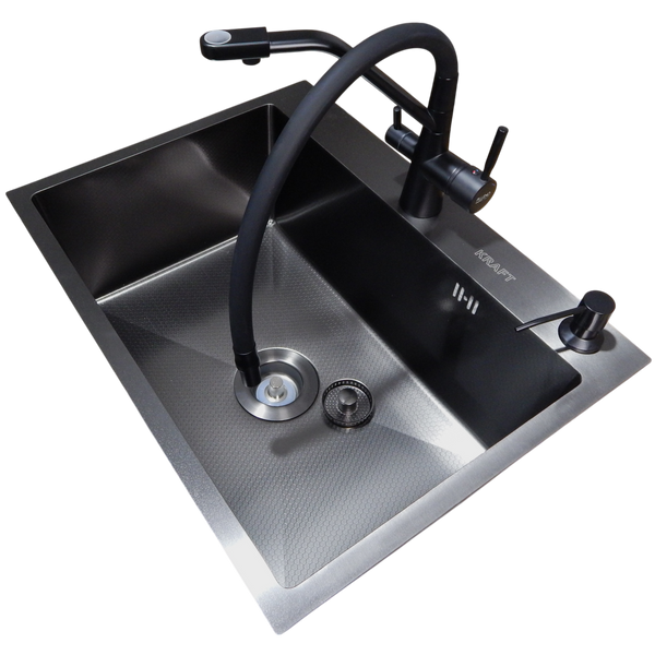 Комплект кухонної мийки Kraft NANO BLACK PVD HS60*45 Декор (3.0/1.0 мм)+Смеситель для кухни с подключением к фильтру Pllen&oacute; Lazio ST19 nero SM20870 фото