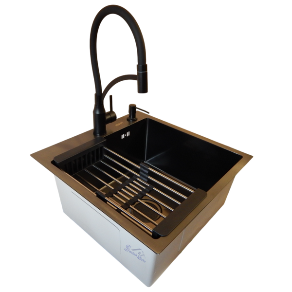 Комплект кухонной мойки Kraft HM 50х50 NANO BLACK (DECOR) PVD (3.0/1.0 мм) SМ457 фото