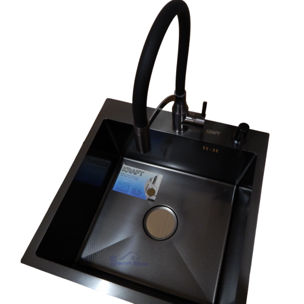 Комплект кухонной мойки Kraft HM 50х50 NANO BLACK (DECOR) PVD (3.0/1.0 мм) SМ457 фото
