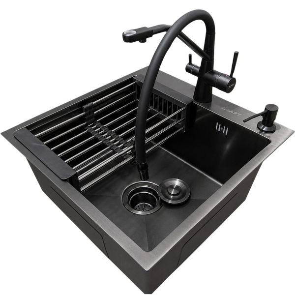 Комплект кухонної мийки Kraft NANO BLACK PVD HS 500х500мм Декор (3.0/1.0 мм)+Змішувач для кухні з підключенням до фільтра Pllen&oacute; Lazio ST19 nero SM7040 фото