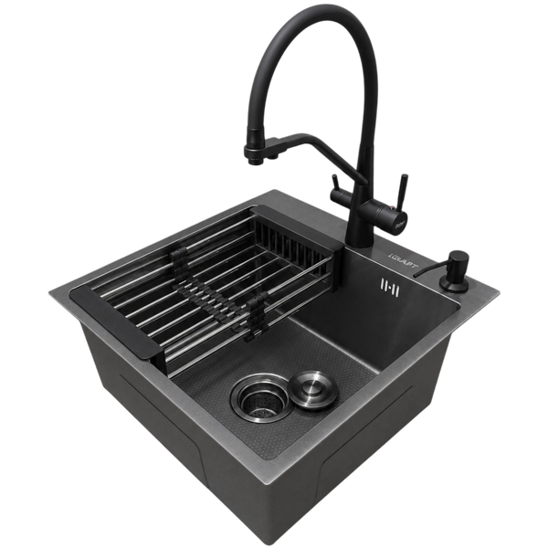 Комплект кухонної мийки Kraft NANO BLACK PVD HS 500х500мм Декор (3.0/1.0 мм)+Змішувач для кухні з підключенням до фільтра Pllen&oacute; Lazio ST19 nero SM7040 фото